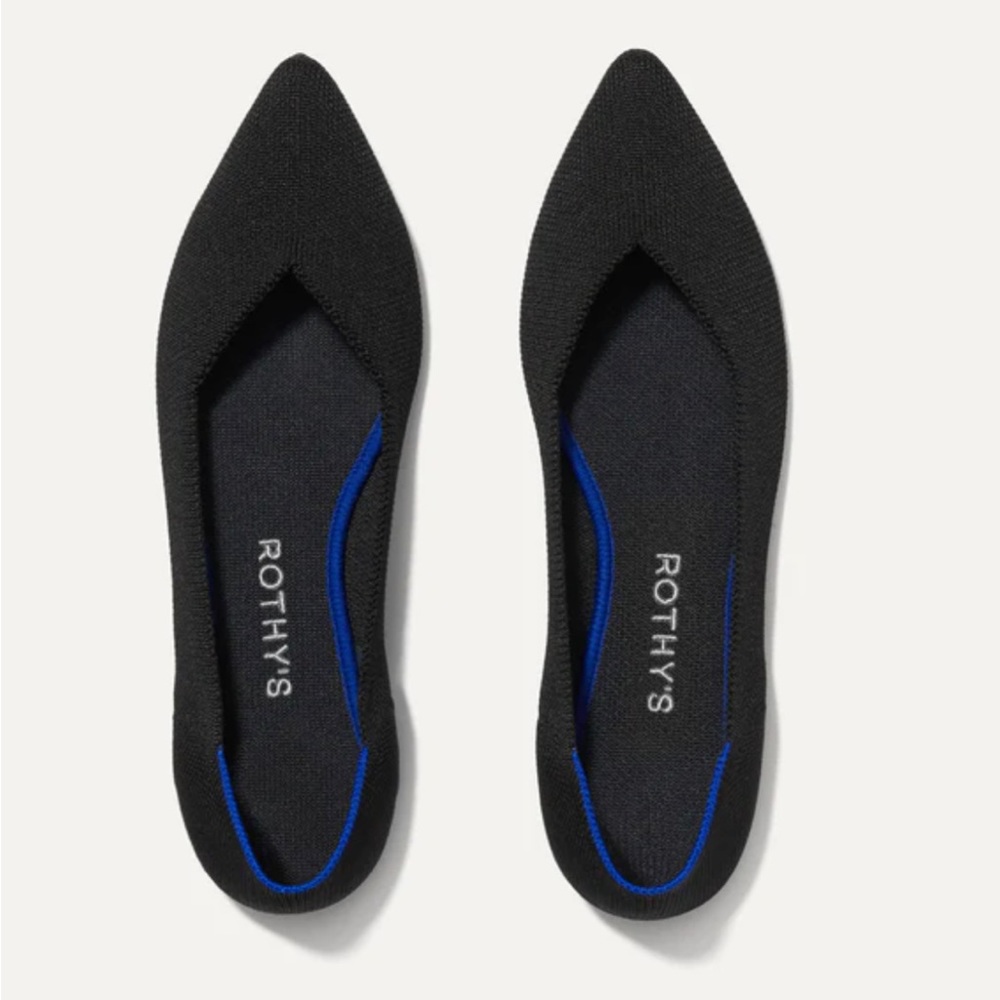 Rothy's Pointed Black Flats with Blue Trim 6.5